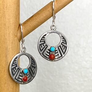 Vintage Native American Turquoise and Coral Sterling Silver Dangle Earrings
